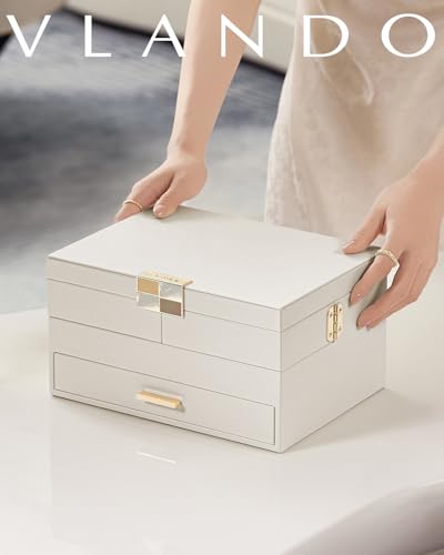VLANDO 3 Layer Jewelry Box - Women Jewelry Box with Retractable Tray - Jewelry Organizers with Drawer for Necklaces, Rings, Bracelets, Earrings, Valentines Gift for Mom Girls - Cloud White