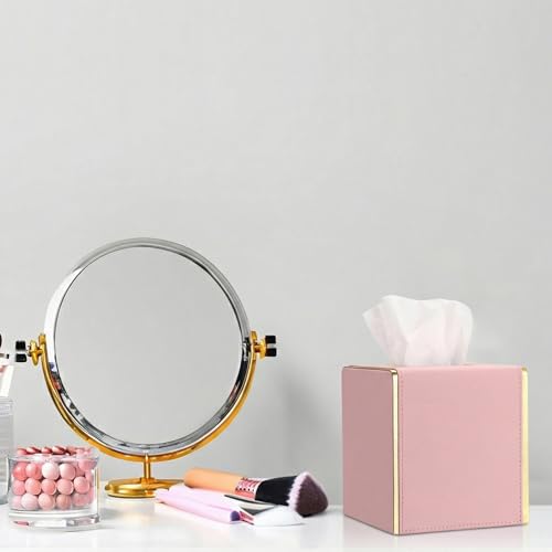 Sumnacon PU Square Tissue Box Cover, Magnetic Bottom, Waterproof, Pink | Stylish Cube Tissue Box Holder with Gold Edging Fits Vanity, Toilet Tank, Dresser, Nightstand, Table, Countertop, Office, Car