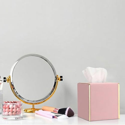Sumnacon PU Square Tissue Box Cover, Magnetic Bottom, Waterproof, Pink | Stylish Cube Tissue Box Holder with Gold Edging Fits Vanity, Toilet Tank, Dresser, Nightstand, Table, Countertop, Office, Car