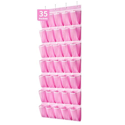SAVERHO 35 Pockets Over the Door Shoe Organizer, Hanging Shoe Organizer for Door with 35 Mesh Pockets Large Capacity Shoe Hanging Storage Bag with 4 Metal Hooks (Pink-1Pack)
