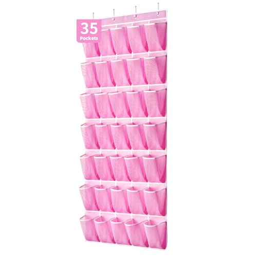 SAVERHO 35 Pockets Over the Door Shoe Organizer, Hanging Shoe Organizer for Door with 35 Mesh Pockets Large Capacity Shoe Hanging Storage Bag with 4 Metal Hooks (Pink-1Pack)