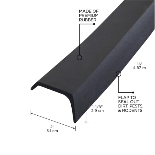 MD Building Rubber Garage Door Bottom Seal, Black, 16ft x 2in x 1in | Premium Rubber Construction, Flexible Extreme Temperatures, Cut-To-Length Scissors, Nails Included, Blocks Drafts Insects