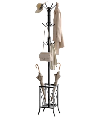 Coat Rack Freestanding, Coat Rack with Umbrella Holder, Entryway Hanger Stand with12 Hooks, Metal Hall Tree for Bags, Coats, Hats, Entryway, Hallway, Living Room, Bedroom, Office Black TYM01BB