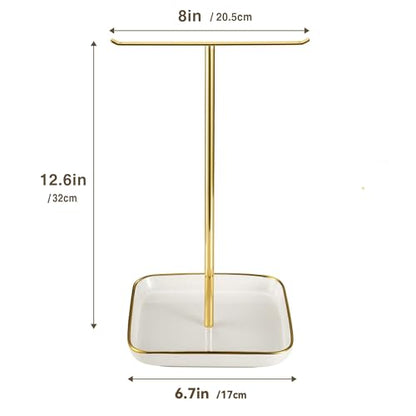 pickpiff Necklace Holder Stand with Ceramic Base: 12" Jewelry Tree Display Organizer for Necklaces, Bracelets, Rings, Earrings, Tall Gold Stand for Women, Aesthetic Room Décor, Gold and White