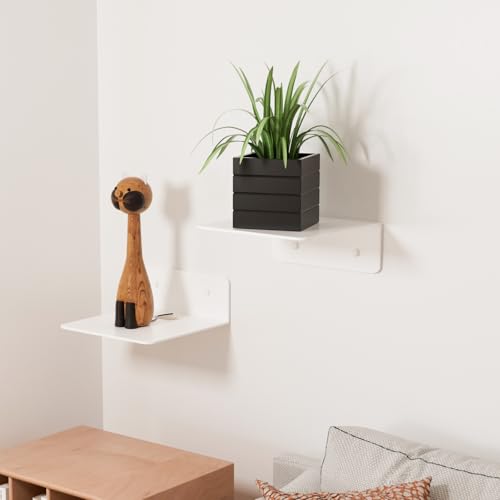 Adhesive Small Shelf for Wall, 4.9" Metal Flaoting Shelves, 2 Pack | Cool White, Aluminum, No Drill, Cable Hole, Wall Display Ledges for Echo Cameras Small Speaker, For Living Room Bedroom Dorm