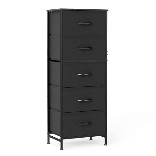 OLIXIS Tall 5 Drawer Fabric Dresser Storage Tower Bedroom Organizer, Black | Storage Unit with Removable Bins, Chest of Drawers with Sturdy Steel Frame, Tall Dressers for Closet, Living Room, Entryway