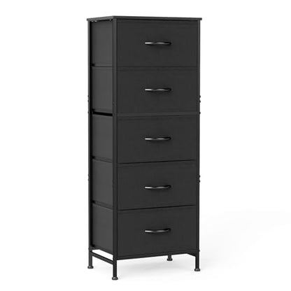 OLIXIS Tall 5 Drawer Fabric Dresser Storage Tower Bedroom Organizer, Black | Storage Unit with Removable Bins, Chest of Drawers with Sturdy Steel Frame, Tall Dressers for Closet, Living Room, Entryway