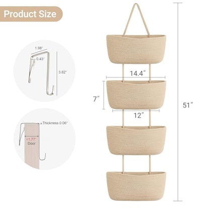 Dahey Over The Door Hanging Basket Storage 4-Tier Woven Wall Basket, Jute | Space-Saving, Hook Fits 1.77" Door, Widely Boho Nursery Organizer for Bathroom Bedroom Dorm Decor, Detachable Adjustable Rope
