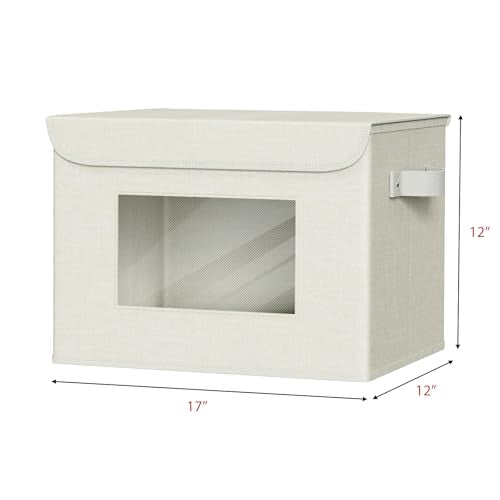 Univivi Fabric Storage Bins with Lids for Clothes 4 Pack, Grey | 17 x 12 x 12 In Foldable Storage Boxes with Handles, Clear Window, Closet Organizers for Home, Bedroom