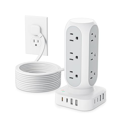 Flat Plug Power Strip Tower, TenTrend 40W Total Fast Charging Station, 10FT | 12 AC Outlets & 8 USB Ports (4 USB C), Dual PD 20W, Long Extension Cord for Desk Office Dorm Room