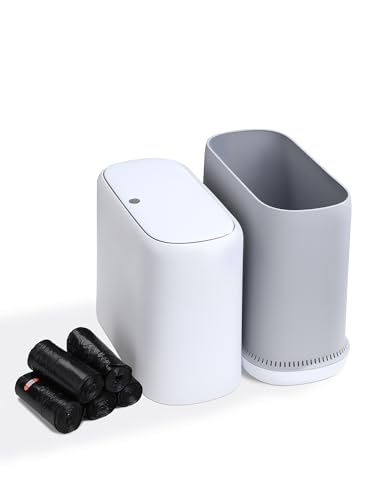 Dog Proof Small Bathroom Trash Can with Lid, Slim Press Top Garbage Can, Narrow White Plastic Waste Basket, for Bathroom Bedroom Office 3.1 Gal with 5 Rolls 75 Trash Bags