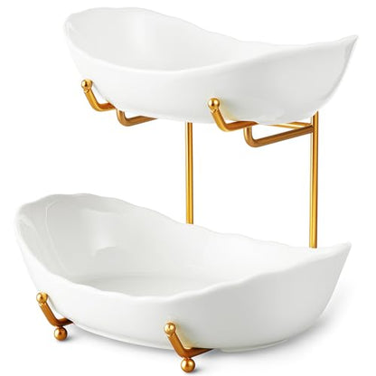 2 Tier Ceramic Fruit Bowl for Kitchen Counter, Tiered Fruit Basket for Countertop, Modern Multi Layer Fruit Display Stand for Party, Cute (Gold&White, Small) 1