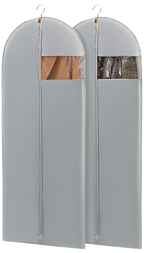 Dress Bags for Gowns, 65'' Long Garment Bags for Hanging Clothes, Dress Garment Bag, Grey Dress Cover with Clear Window for Dresses, Coats, Uniforms - 2 Pack