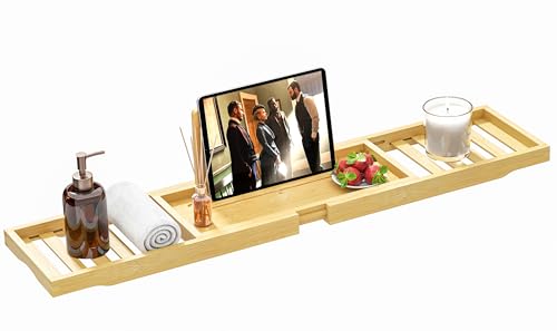 Bathtub Tray - Bath Tray Expandable - Bath Table Trays for Bathtub/Tub,Premium Bamboo Wooden, Fits Most Bath Tubs