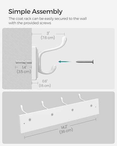SONGMICS Wall-Mounted Coat Rack, Hook Rack, 4 Dual Metal Hooks, White | For Coats, Bags, Keys, in the Entryway, Bedroom, Living Room ULHR23WT