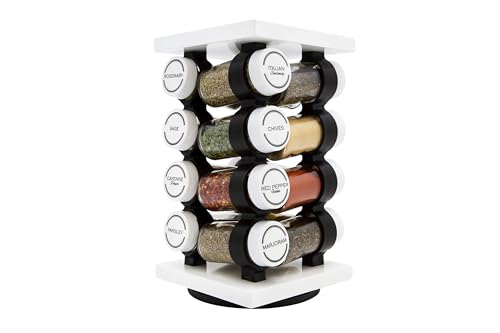 16 Jar Rotating White Spice Rack | Spices Included, 5-Year Spice Refill Program, Compact Countertop, Glass Jars