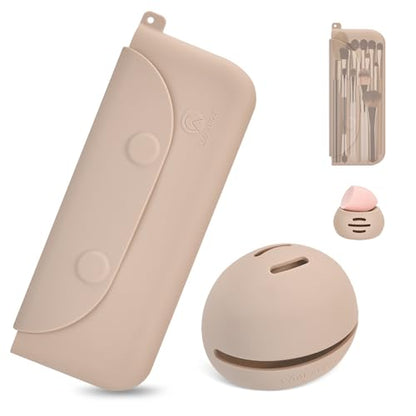 2-In-1 Magnetic Silicone Makeup Brush and Sponge Case Khaki | Travel Beauty Organizer, Quick Drying Ventilation Holes, Dustproof Magnetic Storage, Fits Handbags and Suitcases