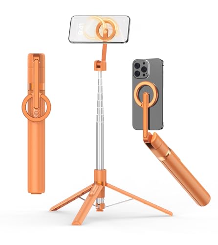 TONEOF Magnetic Selfie Stick Tripod with Aluminum Strong Magnetic Holder for Magsafe, 360° Rotatable Travel Phone Tripod Stand with Metal Ring & Rechargeable Remote for iPhone/Android