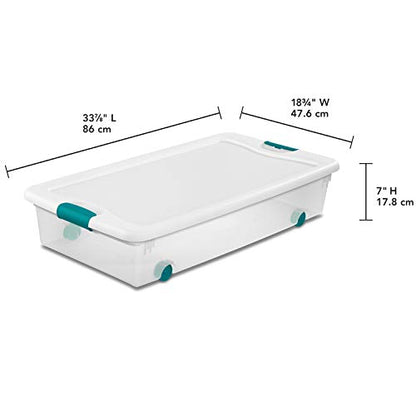 Sterilite 4-Pack 56 Quart Wheeled Latching Box, Underbed Clear Plastic Storage Organizer - Under Bed Rolling Container Bin with Lid and Wheels for Home or Dorm Bedrooms and Closets