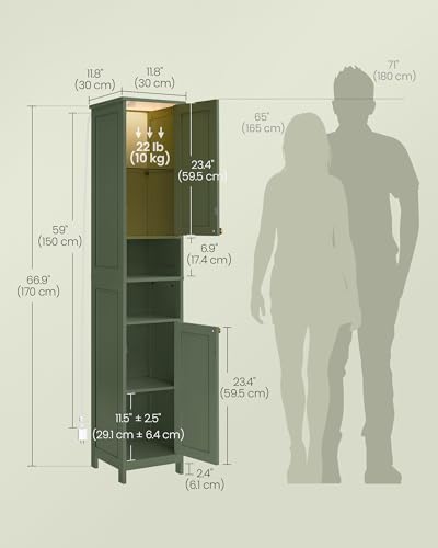 VASAGLE Tall Storage Cabinet with Lights, Slim Freestanding Cabinet with Adjustable Shelves, for Small Spaces, Bathroom, Living Room, Modern, 11.8 Inches Wide, Forest Green UBBC566C01