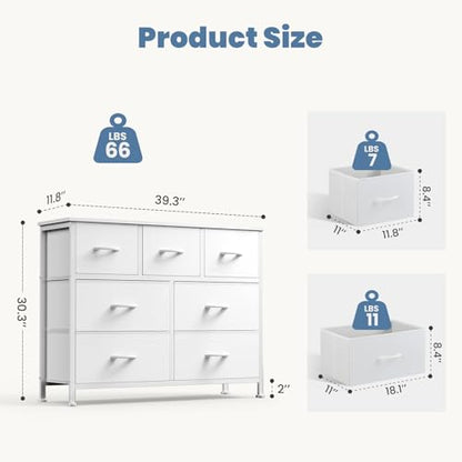 Dresser for Bedroom with 7 Drawers, Anti-Tip Fabric Storage Tower | Organizer Unit with Wood Top and Metal Frame, Organizer for Clothes, Closet, Entryway, Furniture, White