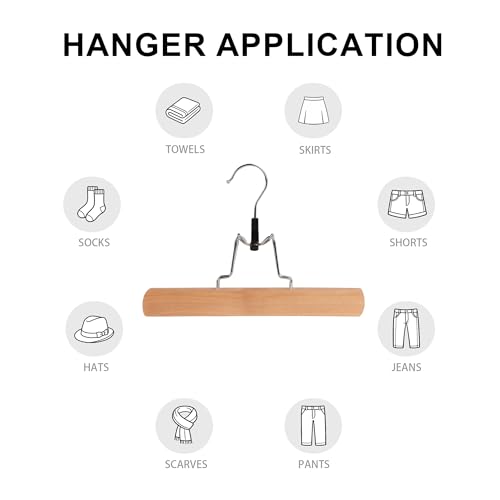 Wooden Non Slip Pants Hangers with Soft Felt Lining, 12-Pack, 12" | Solid Wood Clamp Hangers, 360° Swivel, for Skirts, Jeans, Slacks, Trousers, Shorts