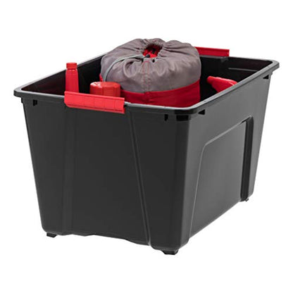 IRIS USA 6-Pack 54 Quart Storage Bins with Lids, Black | Black finish conceals stored items. Perfect for moving, blankets, clothing, and garage storage. Nestable design saves space