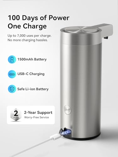 Touchless Automatic Soap Dispenser – Clog-Free Pump, 0.2s Fast Sensor, USB-C Rechargeable, Smudge-Resistant Stainless Steel, for Kitchen & Bathroom Soap Dispenser
