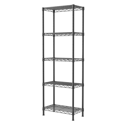 SINGAYE Metal Shelves Wire Shelving Storage Standing Adjustable Shelf Unit | 5 Tier Mesh Units Shelf for Kitchen Laundry Bathroom Closet Organizers Pantry Narrow Home Rack 10" D x 16" W x 55" H Black