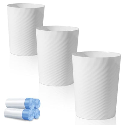UUJOLY Small Bathroom Trash Can with Bags Garbage Can, 3 Pack, White | Plastic Sturdy Wastebasket Round Bins + 4 Rolls Trash Bags for Bathroom, Kitchen, Laundry, Office, Kids Room, Dorm, 1.8 Gallo