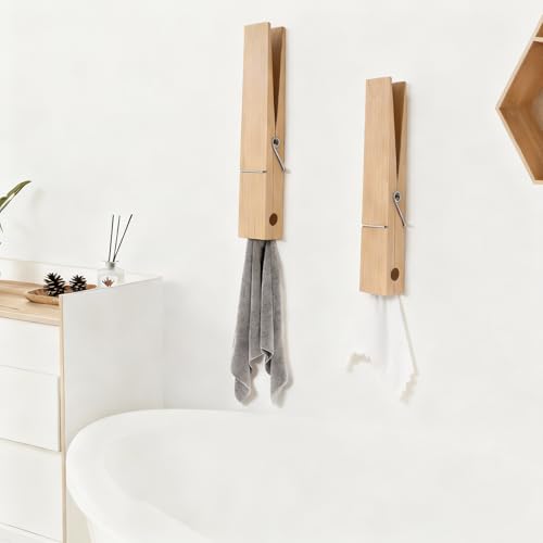 2 Pack 8.66 Inch Jumbo Natural Wooden Clothespin Wall Mount Holder | Solid wood construction, peel-and-stick no-drill install, farmhouse decor, holds towels clothes scarves bathroom laundry use