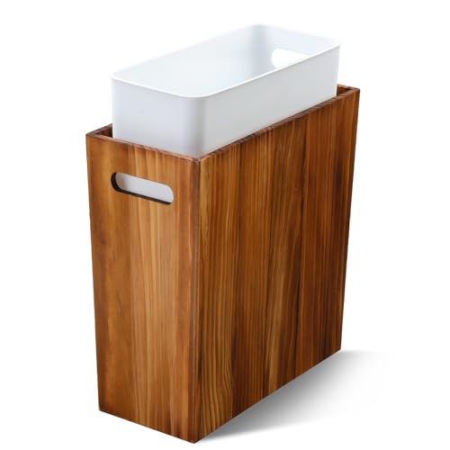 Coeusy 3 Gallon Wooden Trash Can with Liner,Small Solid Wood Bathroom Trash Can,Narrow Garbage Can,Decorative Waste Basket for Bathroom,Bedroom,Office