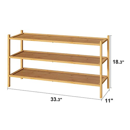 kiplant Long Shoe Rack, Bamboo Wood 3-Tier Shoe Rack for Entryway, Stackable | Foldable | Natural, Shoe Organizer for Hallway Closet, Free Standing Shoe Racks for Indoor Outdoor