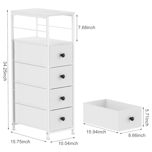 YBING Narrow Dresser for Bedroom, Slim Side Table with Drawer, Dresser Storage Cabinet with 4 Fabric Drawers, Chest of Drawers for Small Space, White