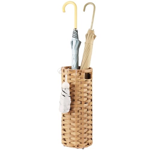 Rattan Umbrella Stand, Umbrella Holder for Entryway, Hand Woven Umbrella Rack Organizer Freestanding, with a Detachable Drip Tray, 4 Hooks, 7.5" L x 7.5" W x 16.5" H