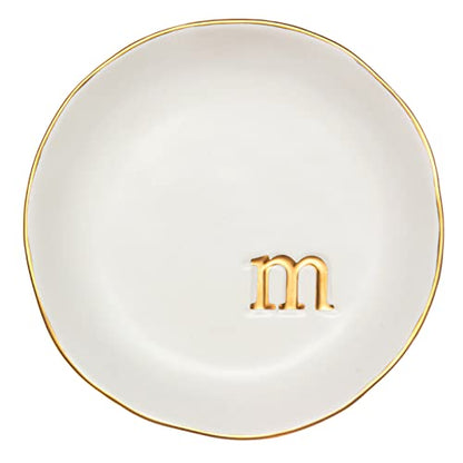 COLLECTIVE HOME Ceramic Jewelry Tray, Trinket Dish, Gifts for Women (M) | Mother's Day, Birthday, Christmas, Engagement Gifts, Vanity, Nightstand Decor, Embossed Gold Monogram Ring Dish with Gift Box