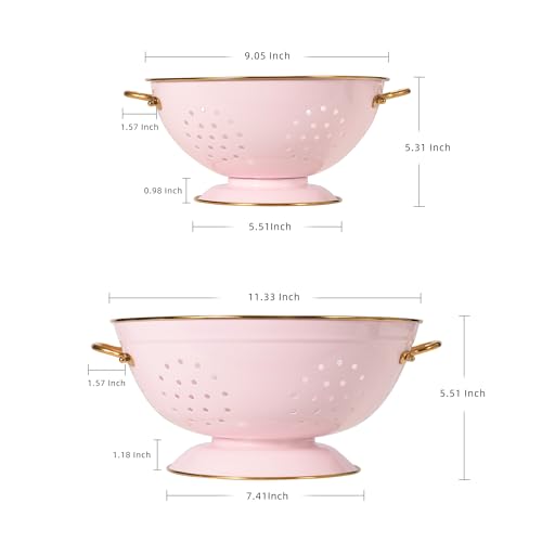 Metal Colander Set of 2, Strainer Basket with Handles 3.5 & 5 Qt Powder Coated Self-draining Solid Ring Base Metal Large Kitchen Colander Bowel for Pasta Vegetable Fruit (PINK)