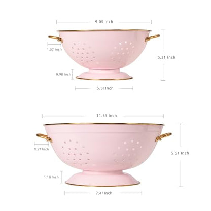 Metal Colander Set of 2, Strainer Basket with Handles 3.5 & 5 Qt Powder Coated Self-draining Solid Ring Base Metal Large Kitchen Colander Bowel for Pasta Vegetable Fruit (PINK)