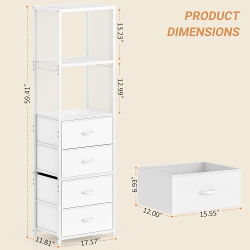 3IngSeagulls Closet Drawer Organizer, Freestanding Closet System with 4 Drawers, Walk-in Closet Storage Unit with Wooden Top & 2-Tier Shelves for Small Closets, Tall Bookshelf Storage Cabinet, White
