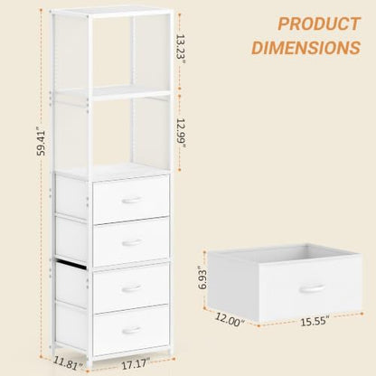 3IngSeagulls Closet Drawer Organizer, Freestanding Closet System with 4 Drawers, Walk-in Closet Storage Unit with Wooden Top & 2-Tier Shelves for Small Closets, Tall Bookshelf Storage Cabinet, White
