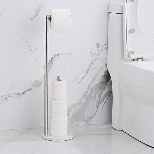 Marble Toilet Paper Holder Stand - Brushed Nickel, Freestanding with Storage, Floor Stand, Silver Toilet Roll Holder, Standing Paper Towel Holder