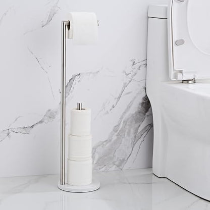 Marble Toilet Paper Holder Stand - Brushed Nickel, Freestanding with Storage, Floor Stand, Silver Toilet Roll Holder, Standing Paper Towel Holder