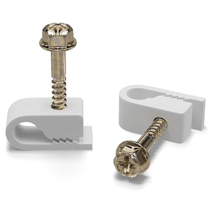 THE CIMPLE CO Single Cable Clips with Screws - 1/4 Inch Coaxial Cable Clamps Outdoor - Exterior Cord Management for Coax, CAT Ethernet, Electrical Wire - Screw Clamps for Wires - 100 PCS, White
