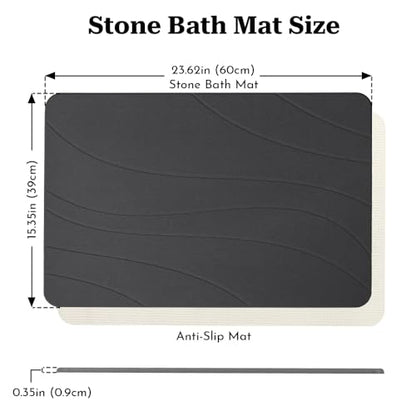 Stone Bath Mat, Quick Drying Bath Mat for Bathroom, Diatomaceous Earth Mat, Quick Dry Shower Mat, Fast Absorbent, Elegant Design, Easy to Clean - Black 23.6×15.35