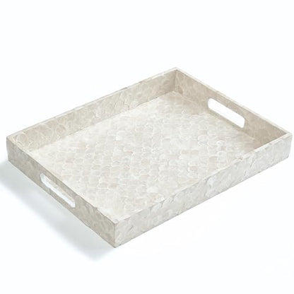 15.8" x 11.8" Capiz Shell Decorative Tray, Coastal Serving Tray | Natural Capiz Shell Inlaid, Fish-Scale Pattern, White Tray. Handmade Rectangular Serving Tray With Handles For Coffee Table