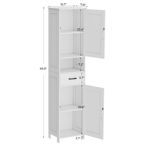 67" H Tall Bathroom Storage Cabinet with Barn Doors and Drawer | Narrow Storage Unit with Adjustable Shelves, Floor Cabinet for Bathroom, Living Room, Entryway or Kitchen, White, 15.7" W