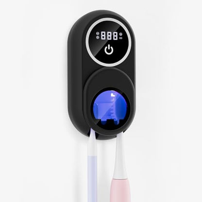 Toothbrush Holder & Toothbrush Cleaner, UV Toothbrush Sanitizer and Holder 2 Slots, Cleaning and Fan & Heat Drying, LED Smart Screen, Wall Mounted Tooth Brush Holder for Bathrooms (Black)