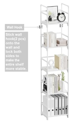 FIDUCIAL HOME 5 Tiers Narrow Bookshelf White Skinny Open Book Shelf | Slim Thin Small Spaces for Space Saving, Easy to Assemble, 12"L x 10"W x 57.2"H