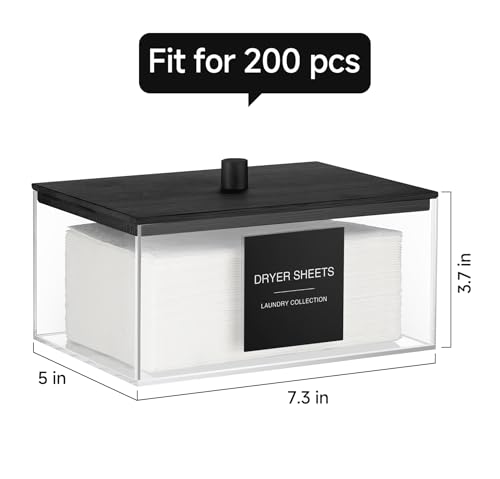 Acrylic Dryer Sheet Holder with Lid, Clear Laundry Sheets Container with 27 Labels, Laundry Pods Storage for Laundry Room Organization - Black