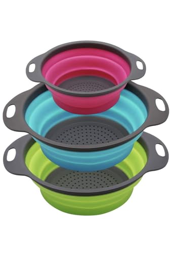 Set of 3 Niklye Ultimate Kitchen Strainers—1×10” & 2×12” Collapsible Silicone Colanders. Now more durable and robust for everyday use with pasta, veggies, fruit & more.